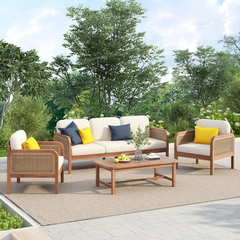 Teak Haven Outdoor Solid Wood Wicker 4-Piece Patio Conversation Set with Waterproof Cushions - Beige,Light Brown,Light Teak