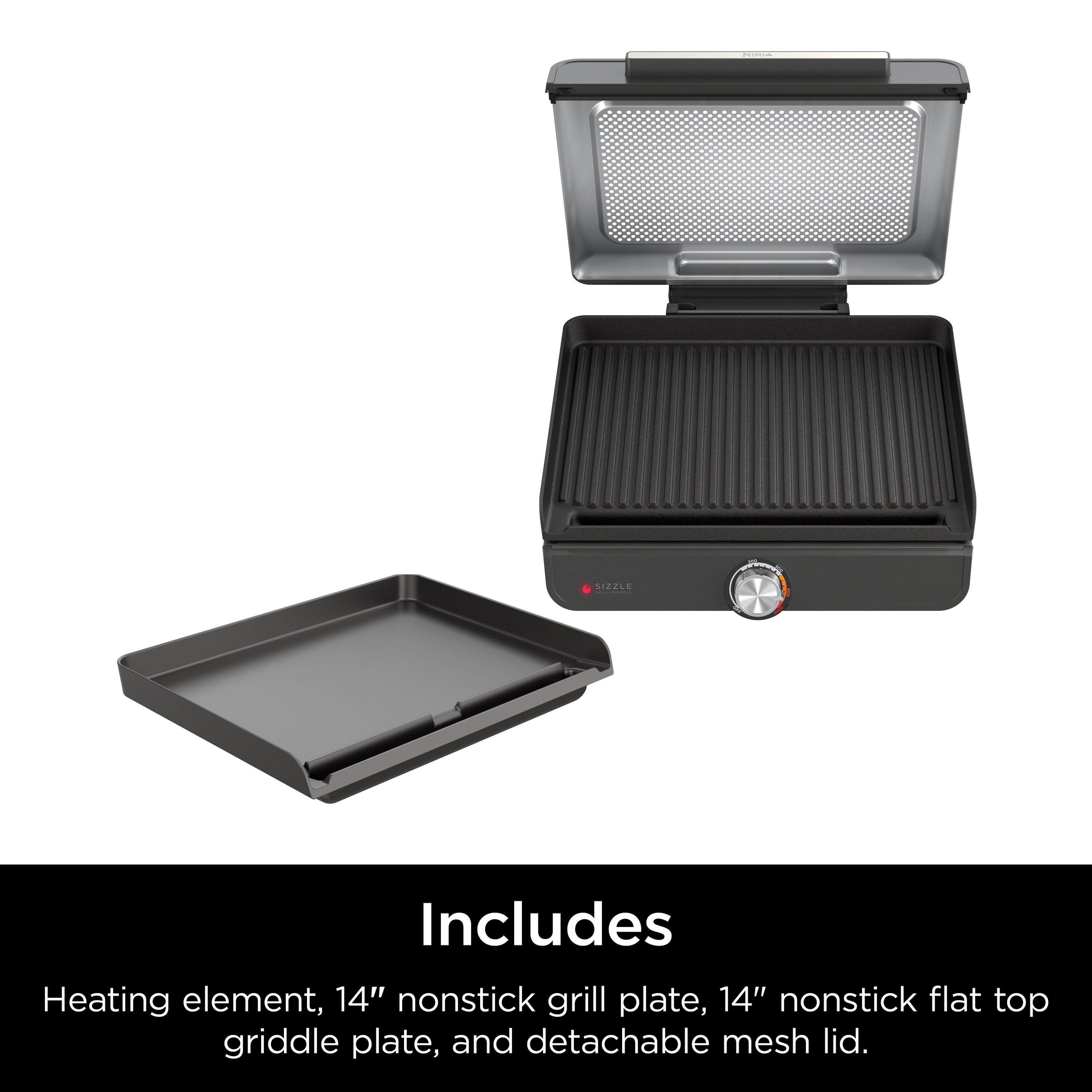 Ninja GR101 Sizzle Smokeless Indoor Grill Griddle 14 Interchangeable Nonstick Plates Dishwasher Safe Removable Mesh Lid 500F Max Heat Even