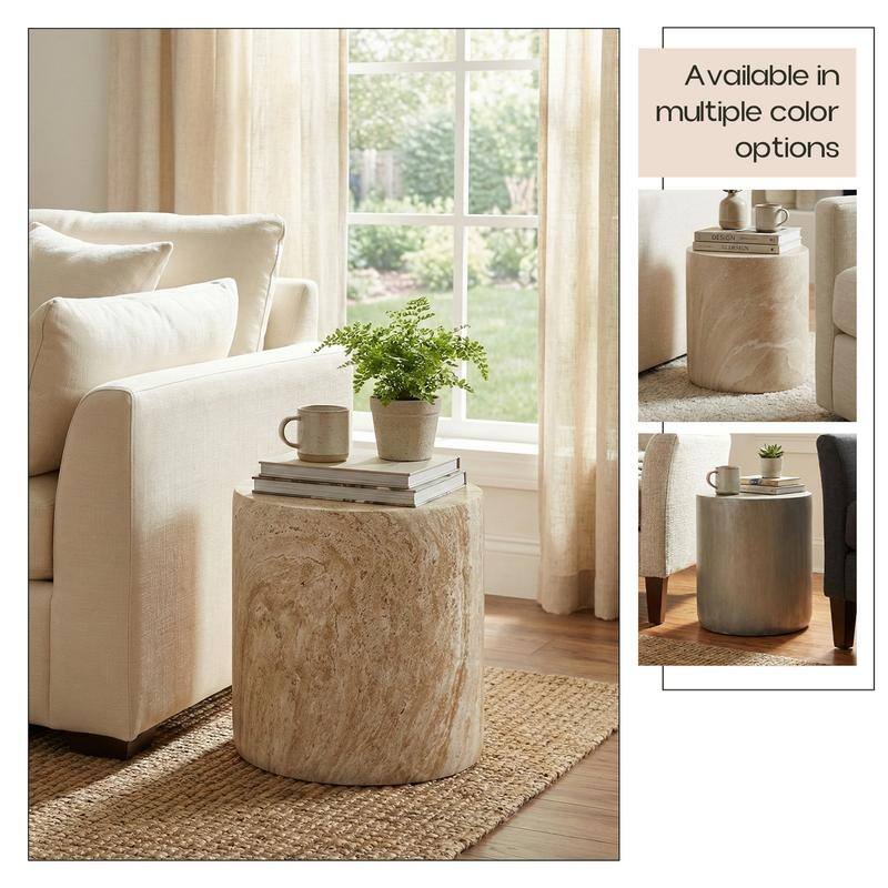 Vintara Modern Cylindrical Round Fiberstone Side Table with Brushed Finish for Living Rooms, Bedrooms, Patios, Balconies