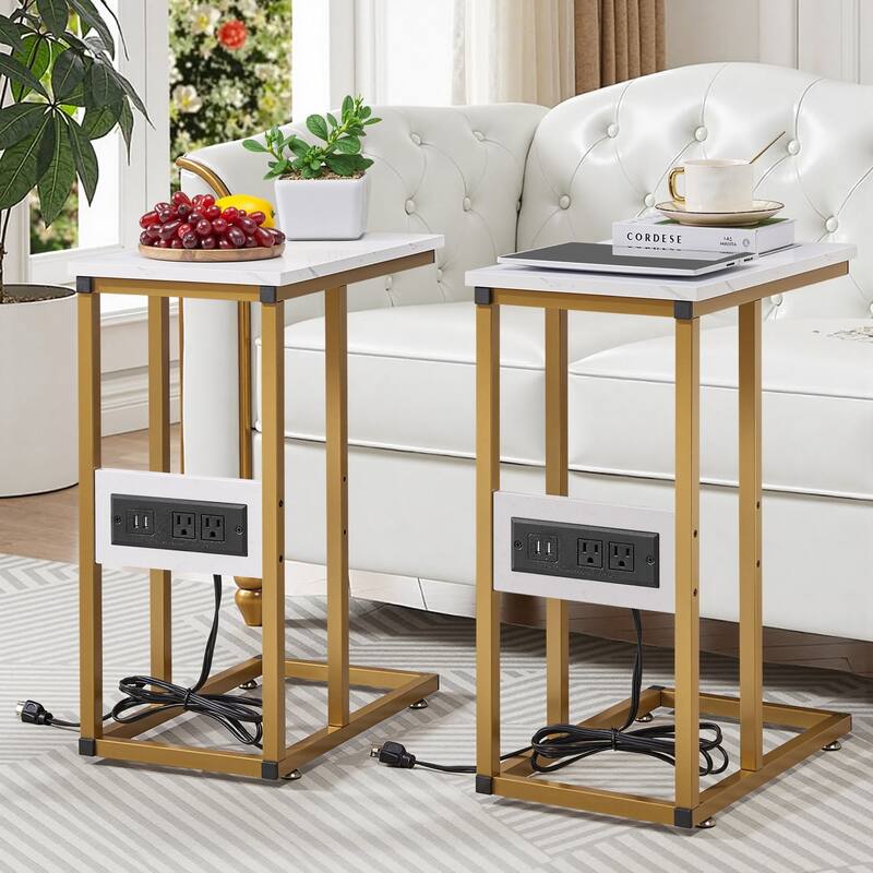 Javlergo Set of 2 C-Shaped End Tables with Charging Station Outlets & USB Fits Sofa Bed for Small Spaces Nightstand & Sofa Table - Gold