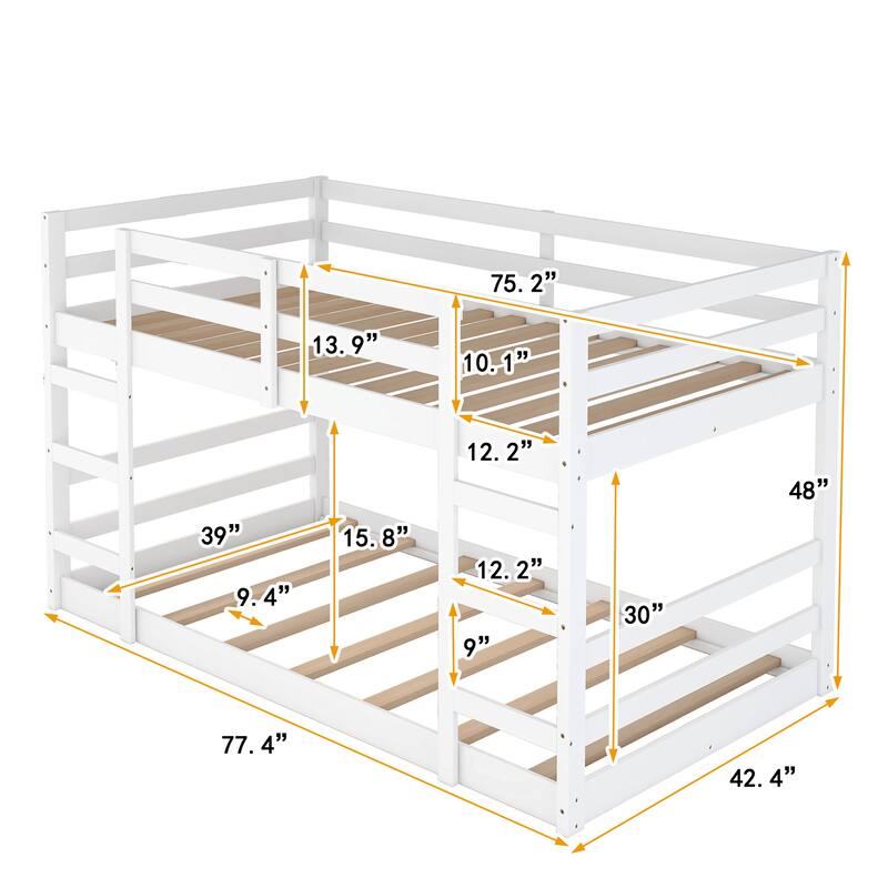 Multi-Functional Bunk Bed with 2 Built-in Ladder, Solid Wood Bed Frame, Low Bunk Beds with Safety Guardrail for Kids Boys Girls