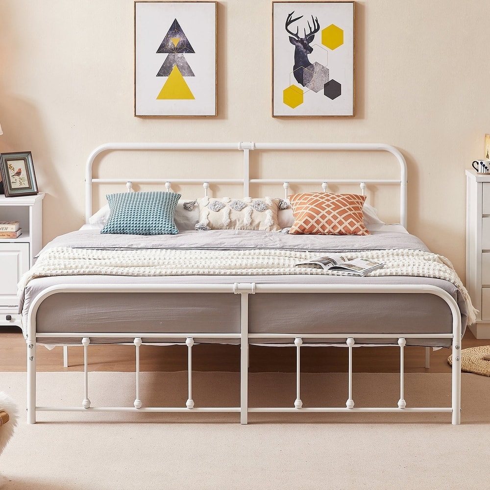 VECELO Metal Bed Frame with Headboard Classic Metal Platform Bed Frame Mattress Foundation with Victorian Style Footboard