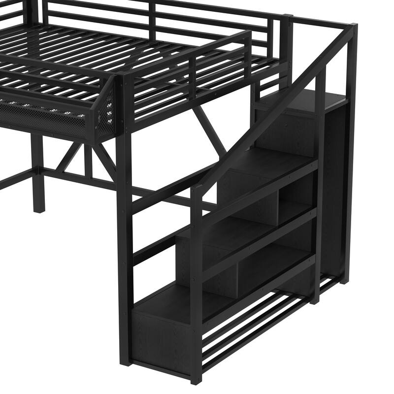 Storage Stairs Loft Bed Queen Size Metal Bed Frame with Built-in Wardrobe, Shelves, Light Strip and Charging Station