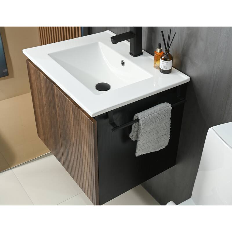 GDFStudio - Adrian Floating Bathroom Vanity with Ceramic Sink and Integrated Towel Rack Storage Cabinet