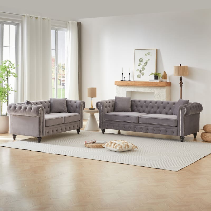 Nailheads Accent Velvet Button Tufted Chesterfield Sofas Set with Deep Seat Loveseat and 3 Seater Lounge Couch for Living Room
