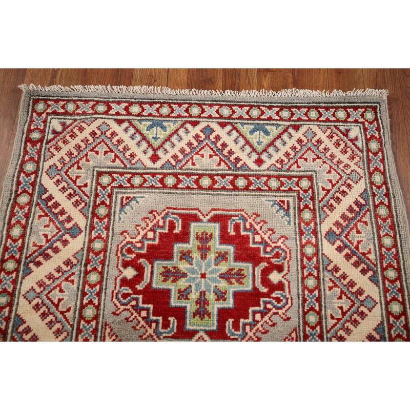 All-Over Gray Kazak Oriental Runner Rug Hand-Knotted Wool Carpet - 2'8" x 20'0"