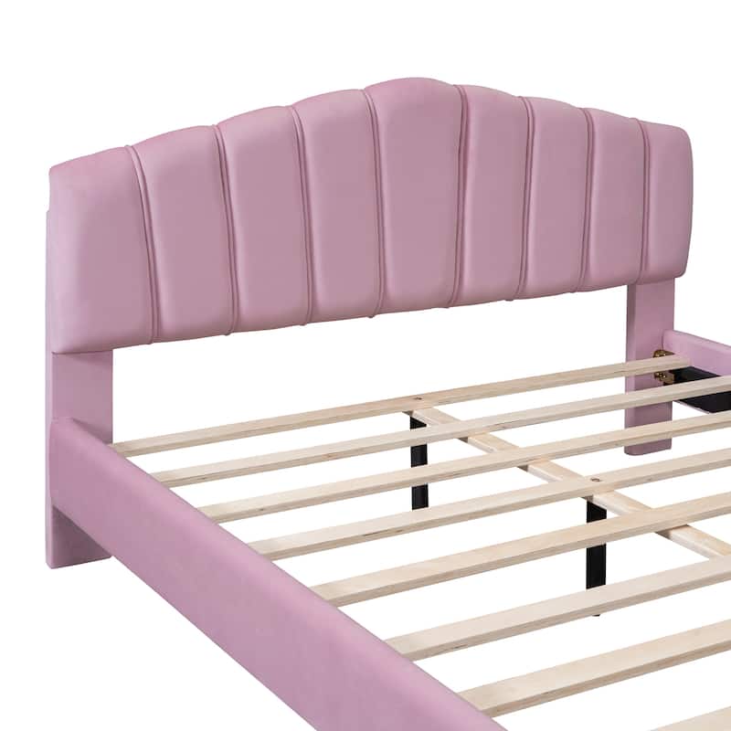 Queen Size Velvet Platform Bed with Metal Bed Leg