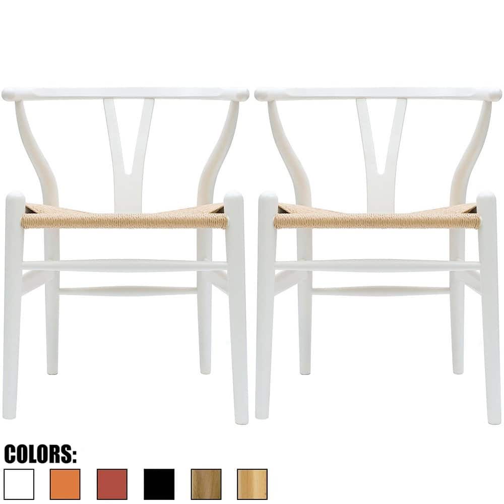 Set of 2 Modern Wood Dining Chair With Y Back Arm Armchair Hemp Seat For Home Restaurant Office
