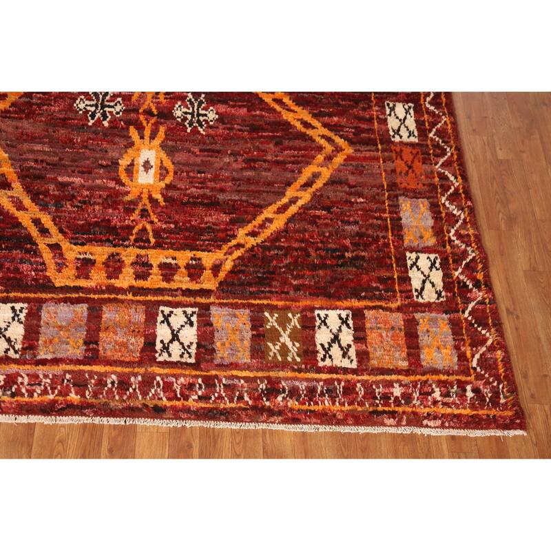 Geometric Red Moroccan Oriental Area Rug Hand-Knotted Wool Carpet - 6'10" x 9'7"