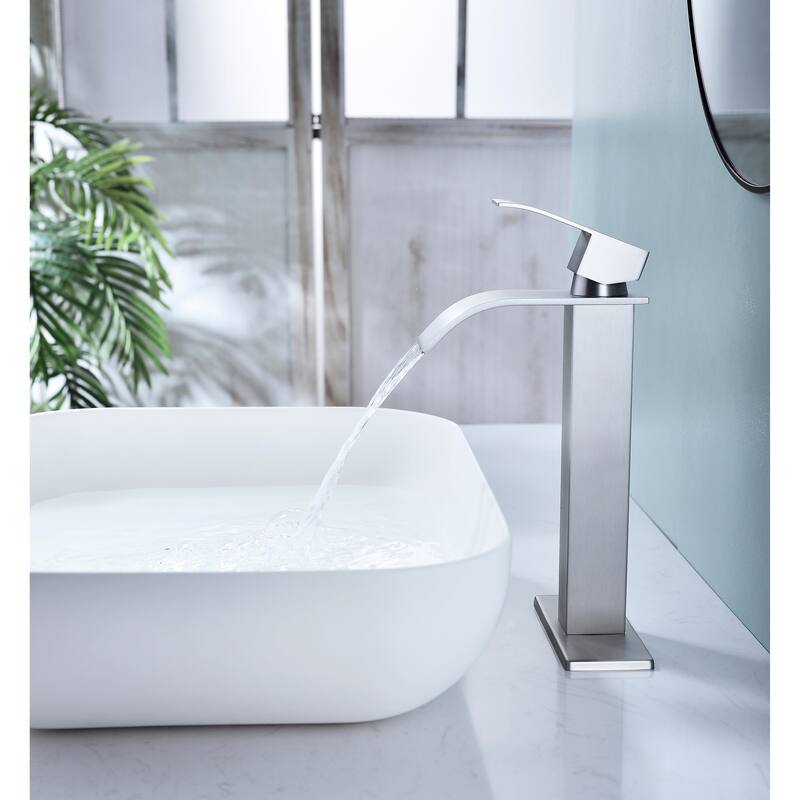Waterfall Spout Bathroom Sink Single Handle Faucet with Pop-Up Drain (No Overflow)