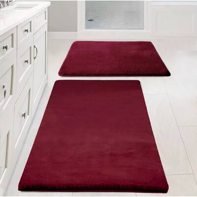 2 Piece Burgundy Ultra Soft Faux Fake Fur Rabbit Non-Slip Absorbent Bathroom Bath Mat Set