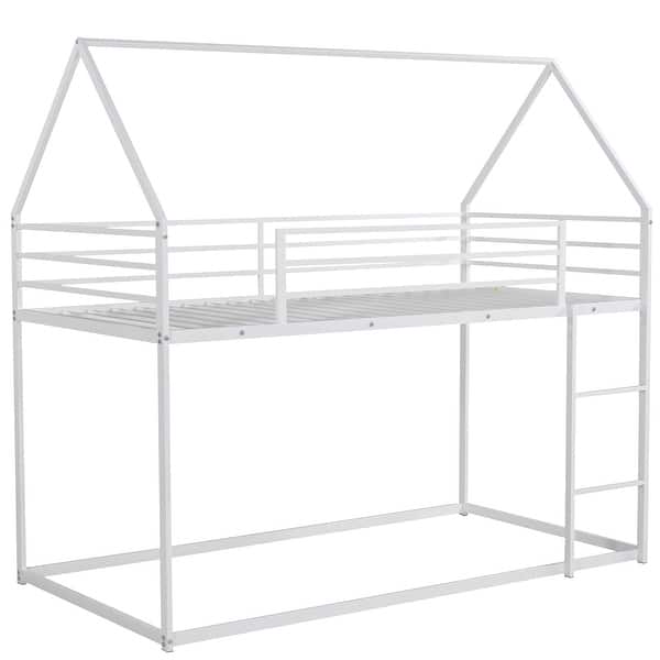 slide 2 of 9, Twin Over Twin Metal Bunk Bed, Playhouse Bunk Beds w/Safety Guardrail & Ladder, Metal Twin Bunk Bed Frame, No Box Spring Needed White - Twin