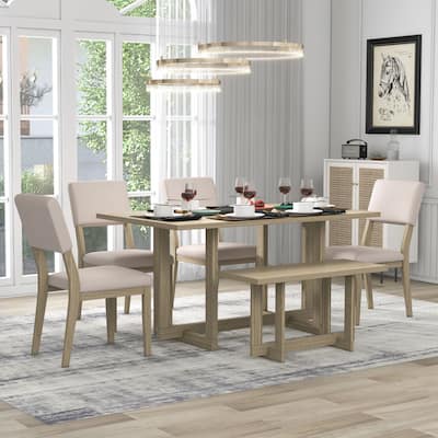 6-Piece Dining Table Set H-shaped Support Design Dining Table, Four Chairs with Soft Cushions and One Wooden Bench