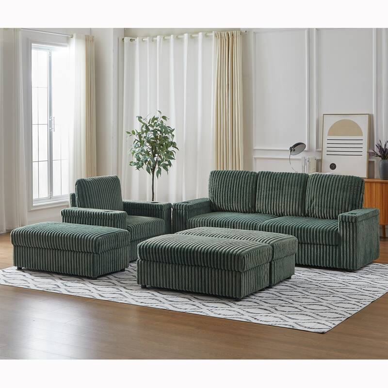 3-seater Modern Sofa with Corduroy Single Sofa, Cup-holding Grooves and 3 Ottomans
