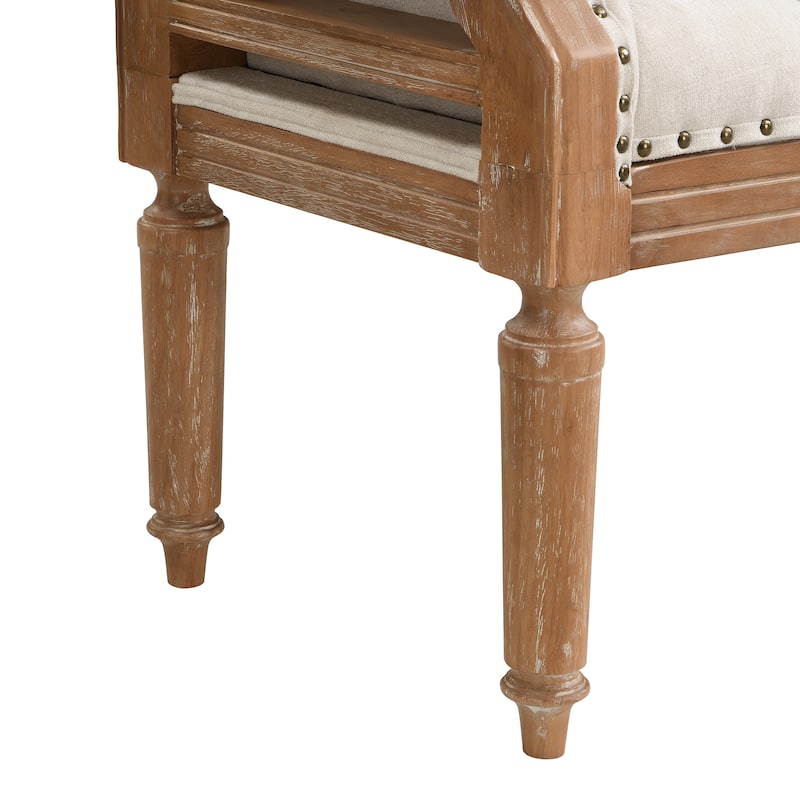 Christopher Knight Home - Mid-Century Solid Rubberwood Upholstered Bench with Rolled Arms, Button-Tufted Cushion & Nailhead Trim