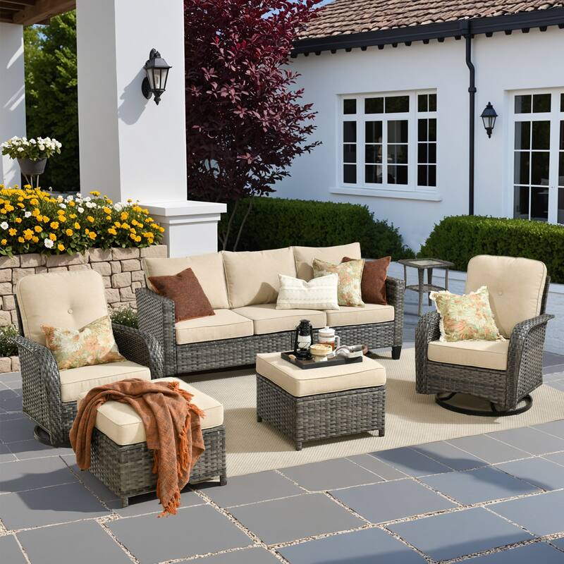 HOOOWOOO 6-piece Grey Wicker Outdoor Swivel Rocking Chair Set for Patio - Beige