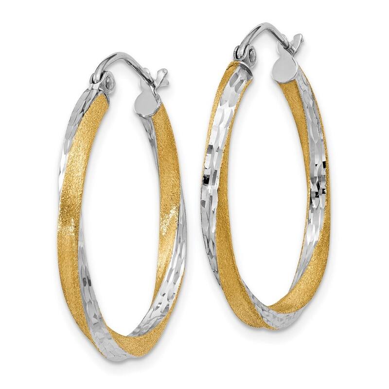 Curata 14k Yellow Gold White Rhodium Satin 2.5x25mm Twisted Hoop Earrings