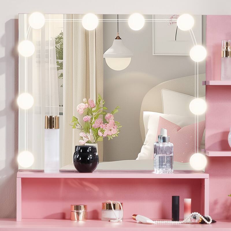 Vanity Set Pink Particle Board 1 Drawer 1 Door 3 Shelves Lamp - 29.53" x 15.55" x 53.27"