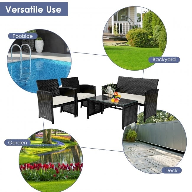 4Pcs Patio Rattan Cushioned Furniture Set - 43.5" x 25" x 31" (L x W x H)