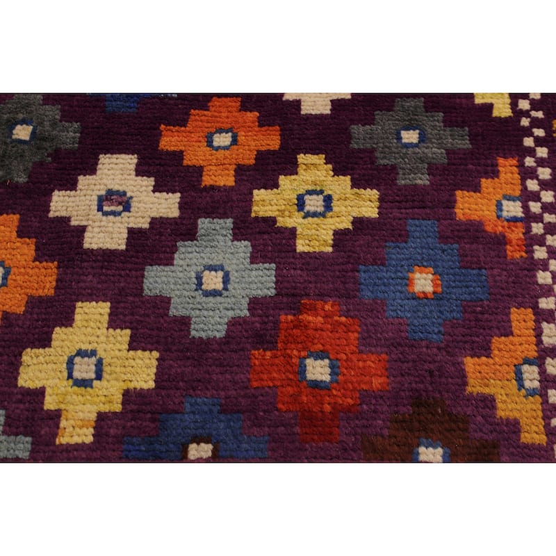 Rustic Balochi Hahn Purple/Green Hand Knotted Wool Rug - 3'4'' x 4'11''