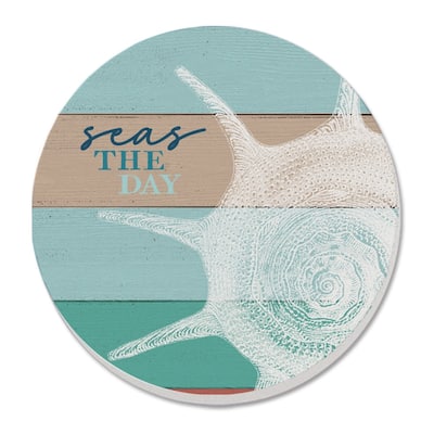 Seas the Day 4 Pack Absorbent Stone Coaster with Protective Cork Backing Made in The USA 4" Round, Easily Wipes Clean