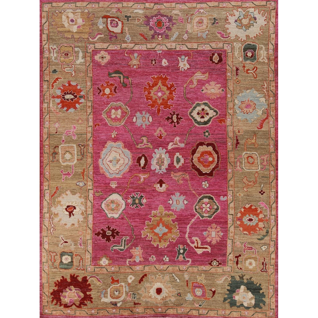 Hand Knotted Oriental 100% Wool Carpet Transitional All-Over Pink Oushak Area Rug - 9' 9'' X 8' 0''