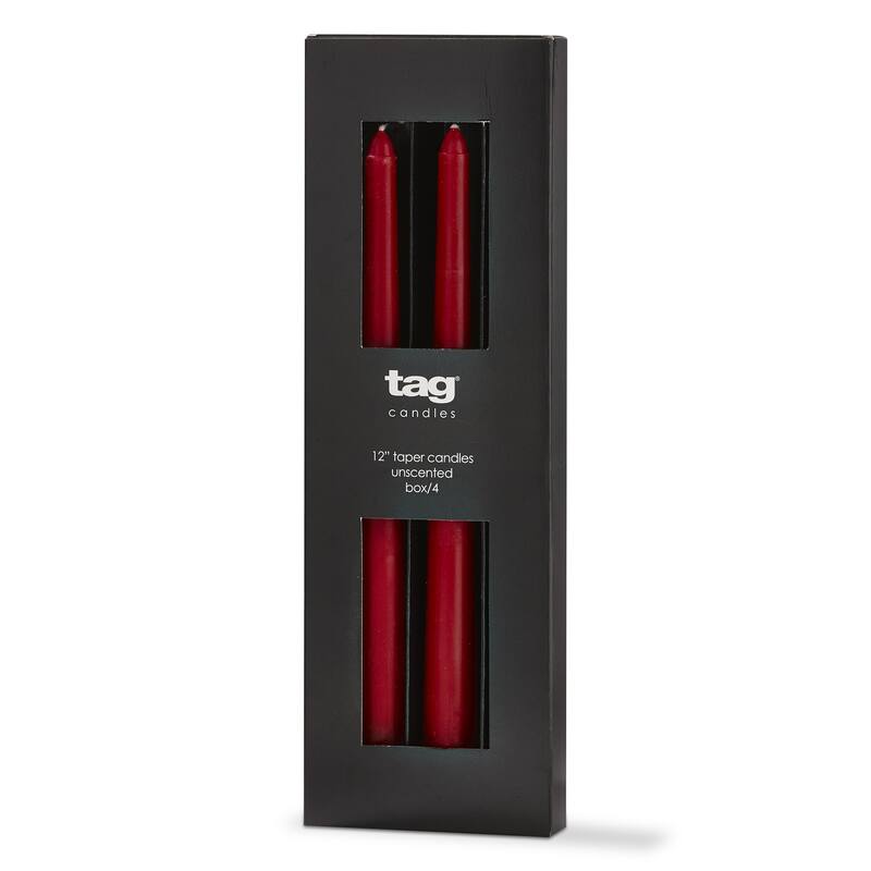 Color Studio 12" Traditional Taper Unscented Smokeless Paraffin Wax Candle Red, Set of 4, Burn Time 8 hrs.