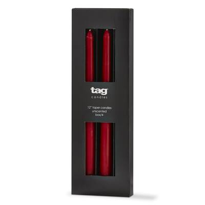 Color Studio 12" Traditional Taper Unscented Smokeless Paraffin Wax Candle Red, Set of 4, Burn Time 8 hrs.