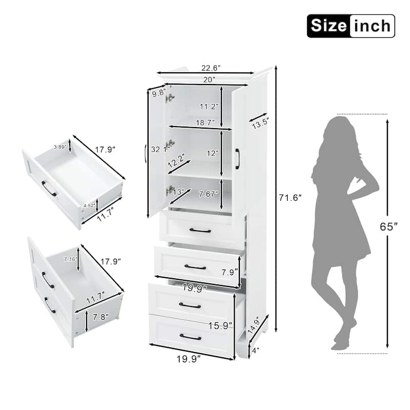 GDFStudio - Nazir 71.6"H Traditional Freestanding Bathroom Storage Cabinet with Adjustable Shelves, Soft-Close Doors & 3 Drawers