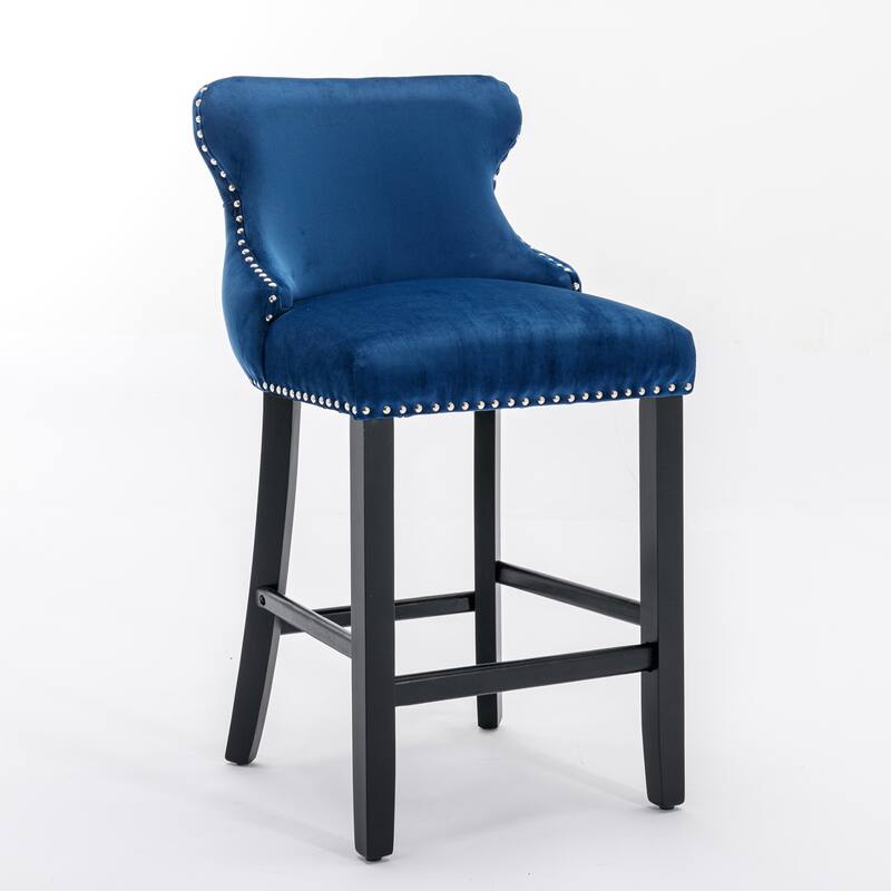 Furniture Blue Velvet Wingback Bar Stools Set of 2, Button Tufted with Wood Legs & Chrome Nailhead Trim