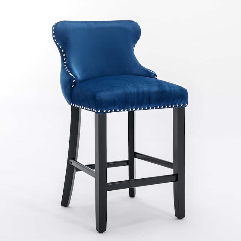 Nailhead Trim Velvet Bar Stools, Tufted Button Wingback Dining Chair, Wooden Legs Counter High Bar Chair, Set of 2