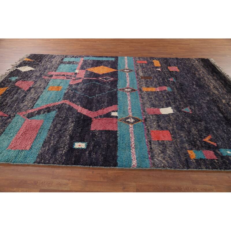 Geometric Plush Moroccan Area Rug Handmade Tribal Wool Carpet - 8'0" x 10'5"