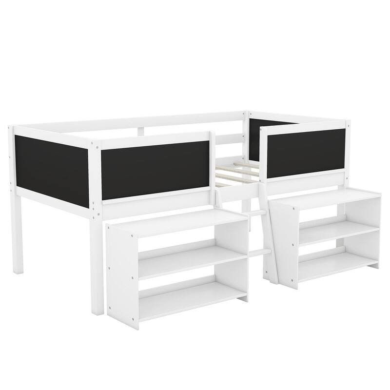 Twin Size Low Loft Bed with 2 Movable Shelves and Ladder, Guardrail Chalkboard