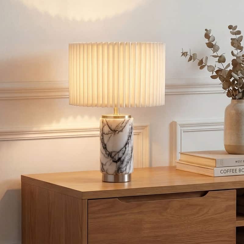 Brightech Arden 17 in. Marble Mid-Century Modern LED Table Lamp with Fabric Drum Shade and Built-In Charging Port