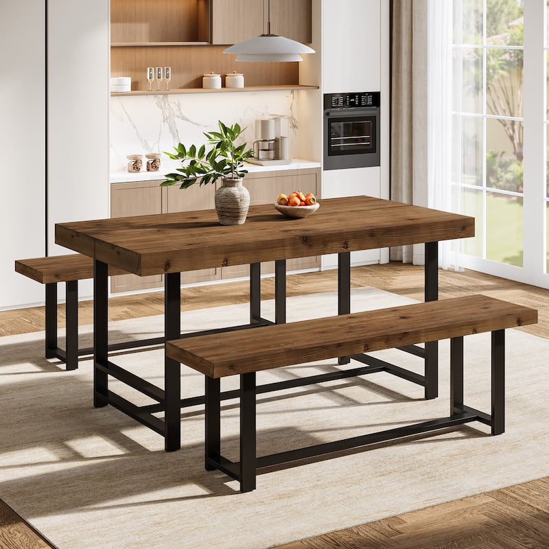 Rustic Rectangular Dining Table Set for 4 with 2 Chairs, Brown - N/A