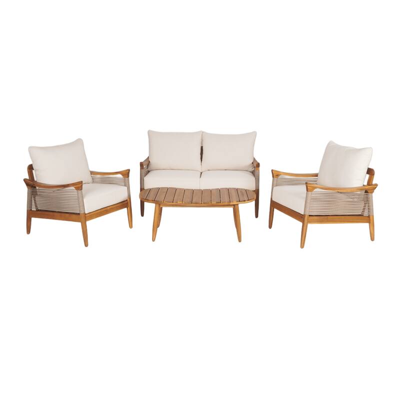 Christopher Knight Home - 4-Piece Patio Conversation Set with Woven Rope Loveseat, Cushions & Acacia Wood Coffee Table
