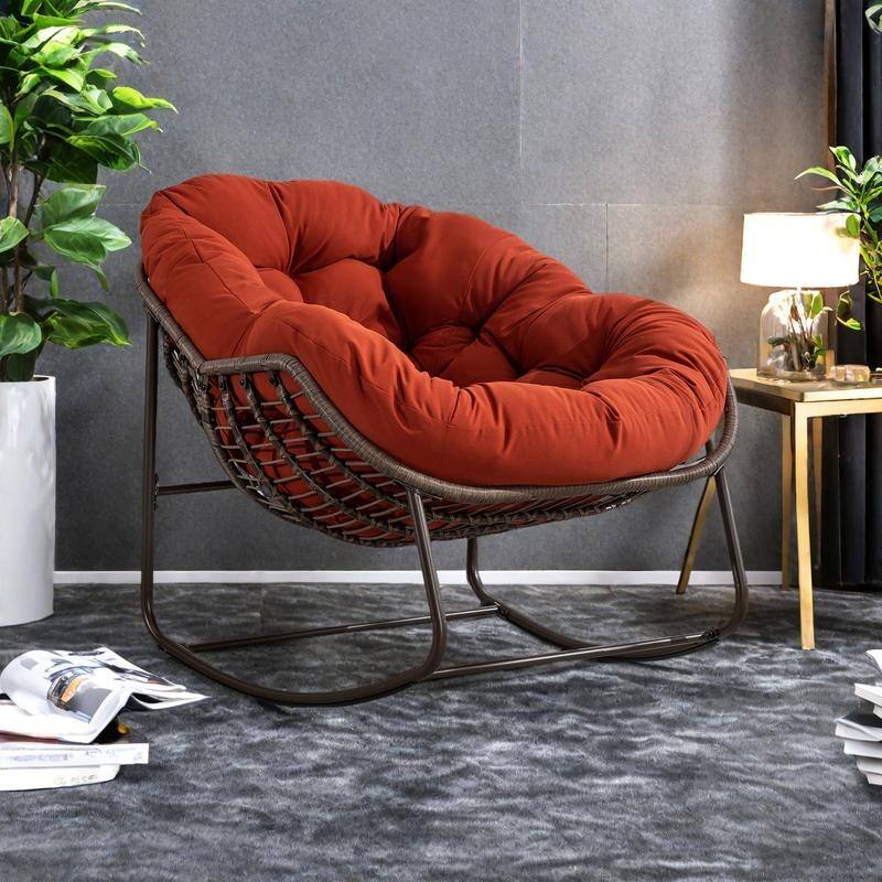Rattan Rocking Chair with Padded Cushion and Steel Frame Recliner, 250lb Capacity - Orange