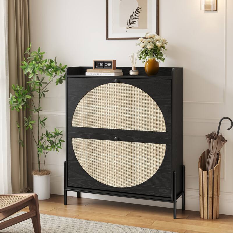 2-Drawer Wooden Shoe Cabinet with Rattan Doors/Narrow Freestanding Storage Organizer for Entryway