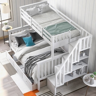 Contemporary Design Bunk Bed with Stairway and Guardrails, Safety Guaranteed, Maximized Storage Space, White