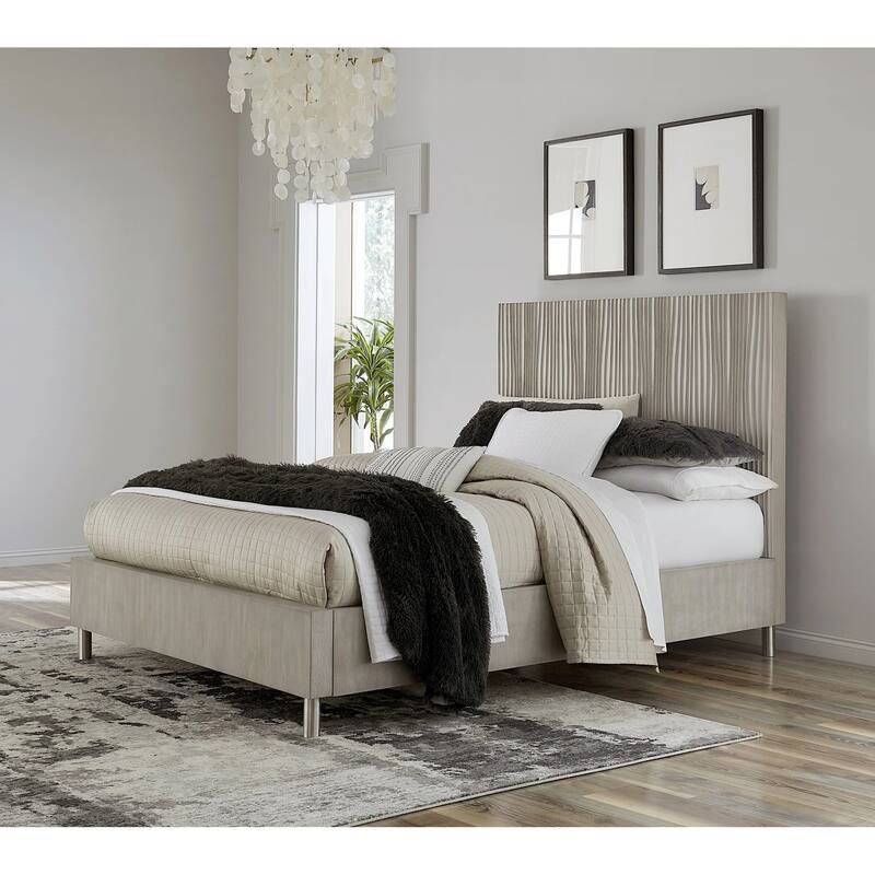 Minerva Modern Wave-Patterned Bed set in Misty Grey (Queen Bed and 2-Nightstands)