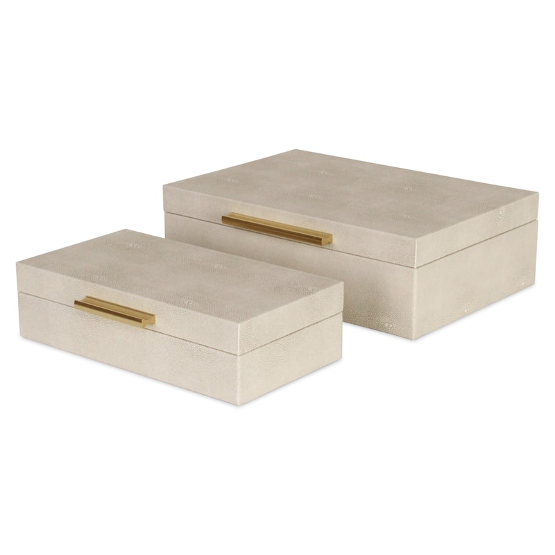 Set of 2 White Rectangular Faux Shagreen Decorative Box with Handles 11.75"