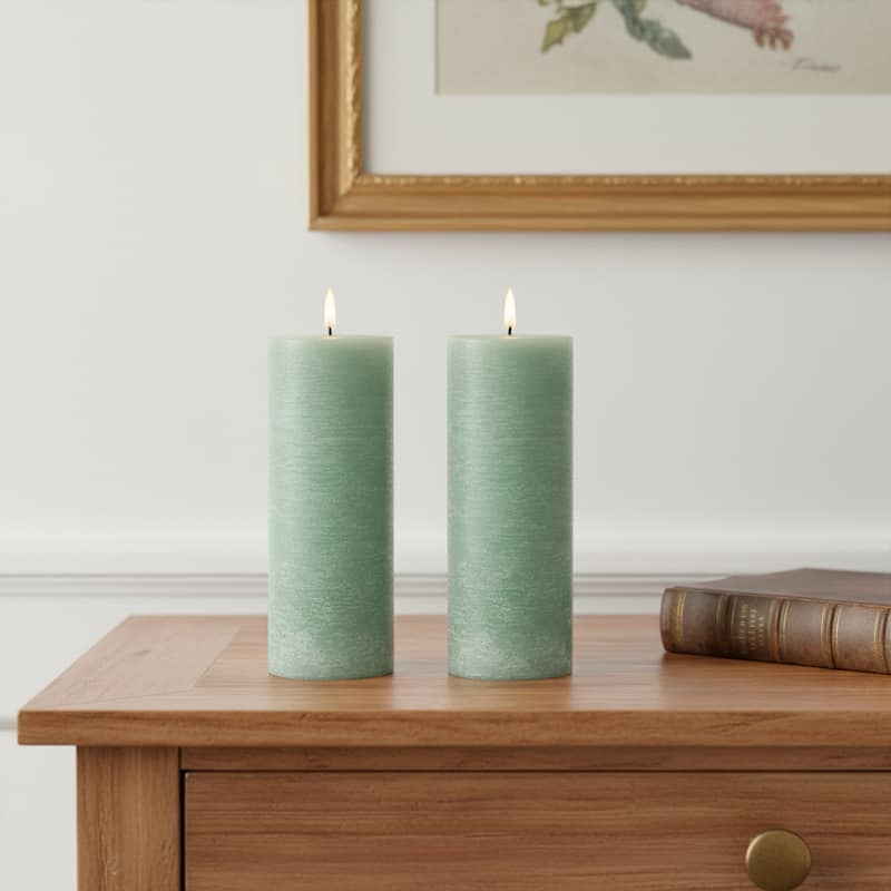 Set of Two Green Flameless Pillar Candles - Green