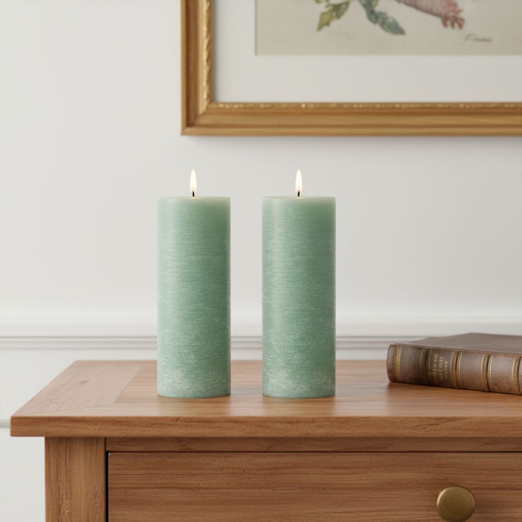 Set of Two Green Flameless Pillar Candles