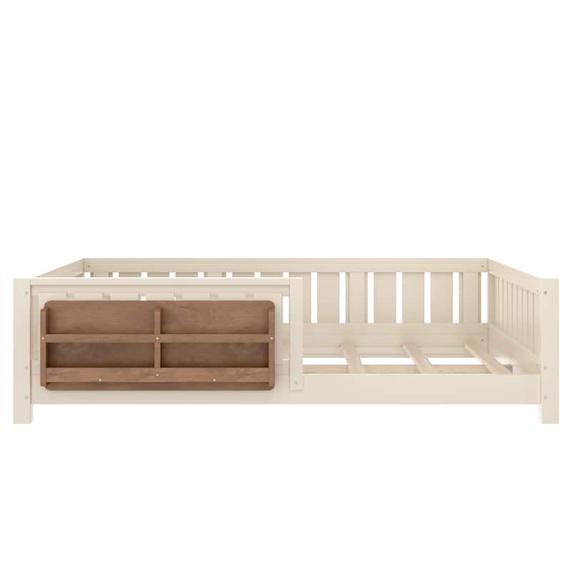Low Profile Montessori Bed Floor Platform Bed with Fence and Bookshelf