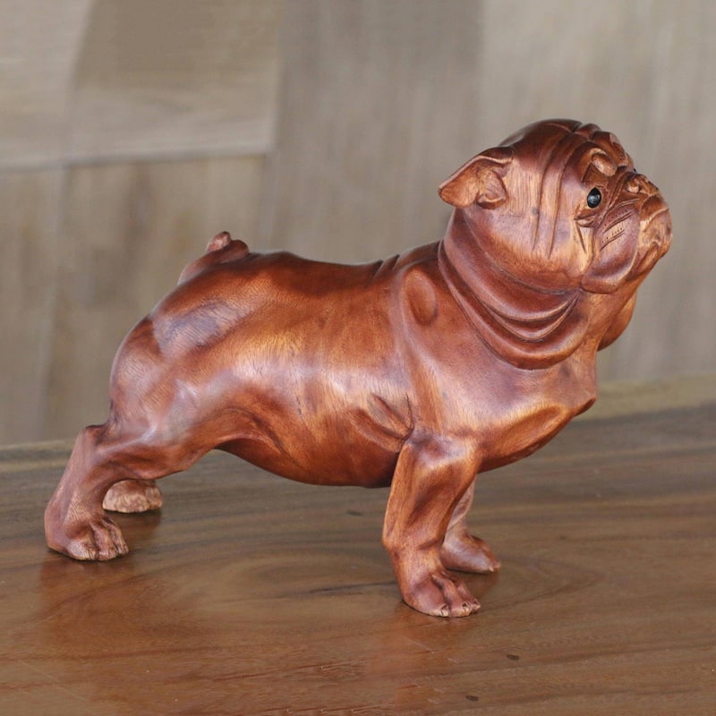 Handmade Begging Bulldog Wood and onyx sculpture(Indonesia)