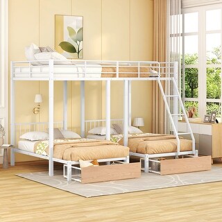 White Full Over Twin Metal Triple Bunk Bed with Drawers & Guardrail