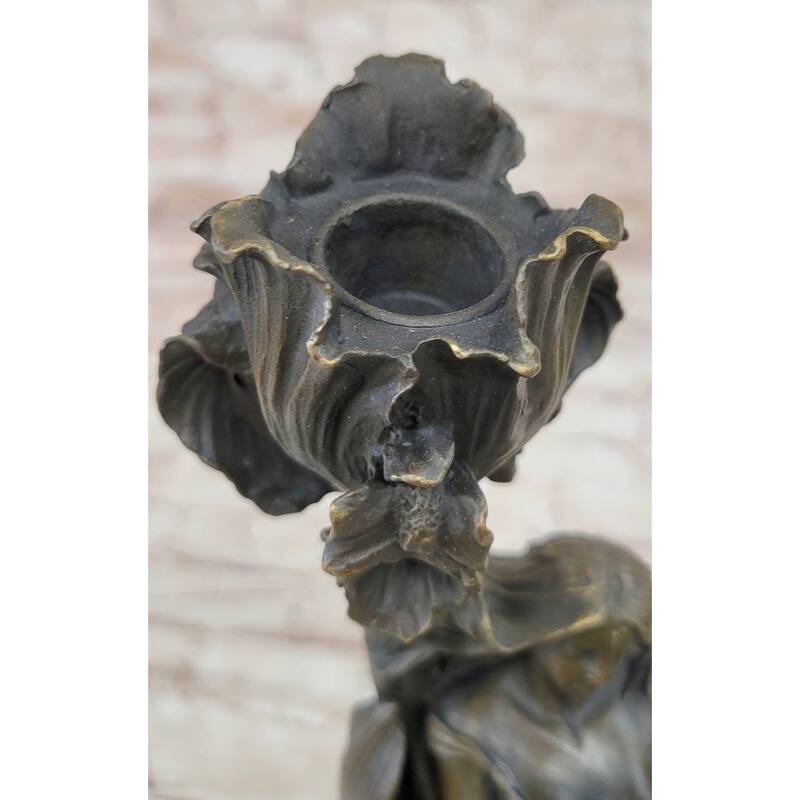 Art Nouveau Real Bronze Romantic Lady Candle Holder Figurine Signed Milo