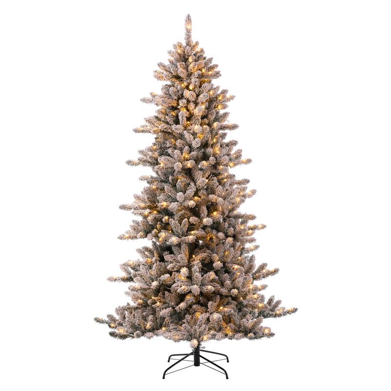 Glitzhome 6FT/7.5FT/9FT/11FT Snow Flocked Pre-lit Artificial Fir Christmas Trees