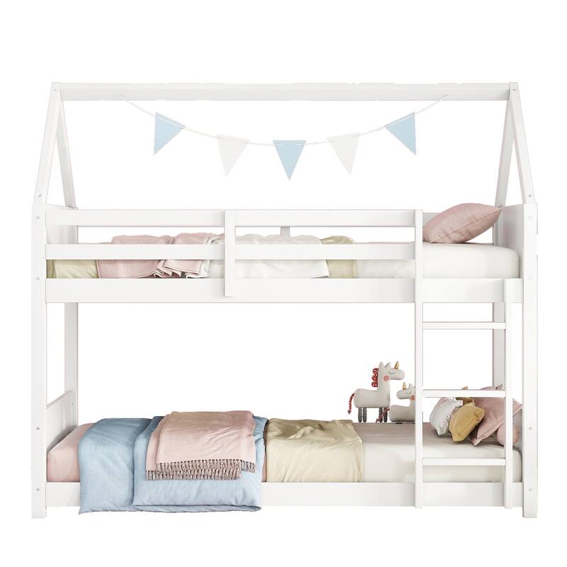 Wooden House Bunk Bed with Safety Guardrails, Ladder, and Headboards - Twin Over Twin Design