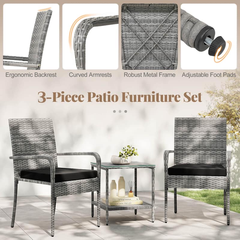 Costway 3 PCS Patio Furniture Set with Seat Cushions & Tempered Glass - See Details